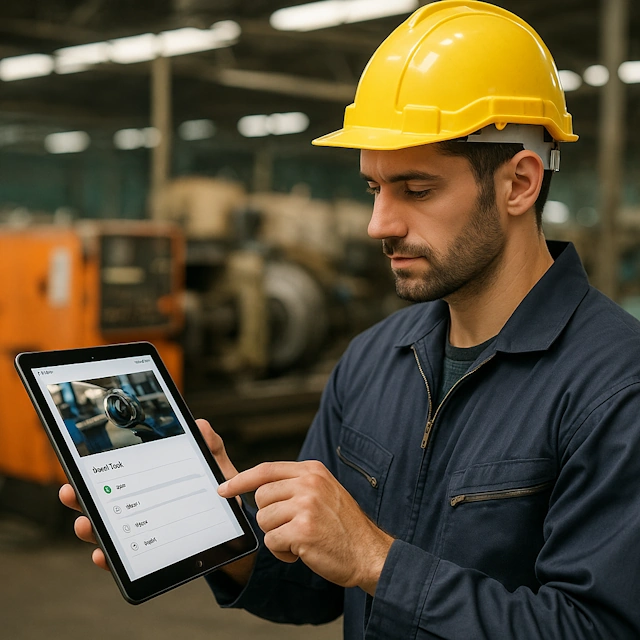 Factory operator following a digital work instruction