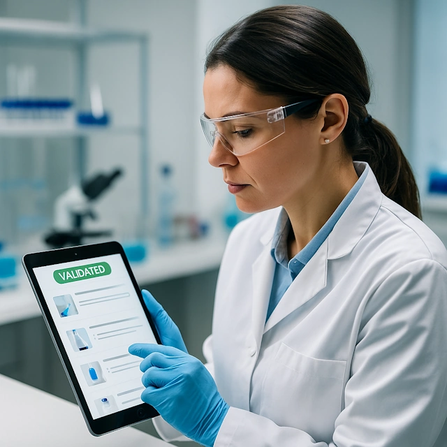 Pharma lab technician using validated SOP